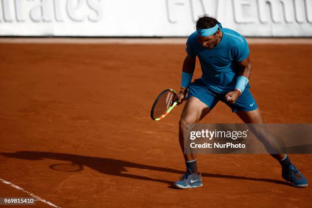 Rafael Nadal of Spain celebrates his victory against Juan Martin Del Potro of Argentina during the semi-final on Day 13 of the 2018 French Open at...