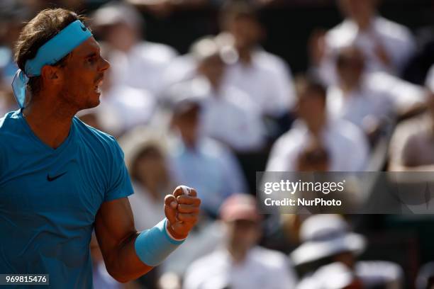 Rafael Nadal of Spain celebrates his victory against Juan Martin Del Potro of Argentina during the semi-final on Day 13 of the 2018 French Open at...