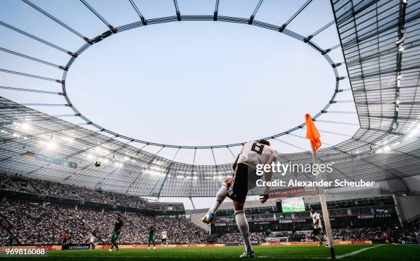 Toni Kroos of Germany hits a corner during the international friendly match between Germany and Saudi Arabia at BayArena on June 8, 2018 in...