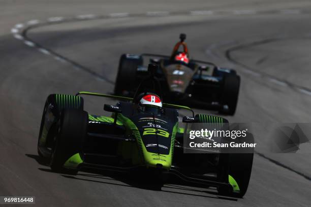 Charlie Kimball, driver of the Tresiba Chevrolet, drives during practie for the Verizon IndyCar Series DXC Technology 600 at Texas Motor Speedway on...