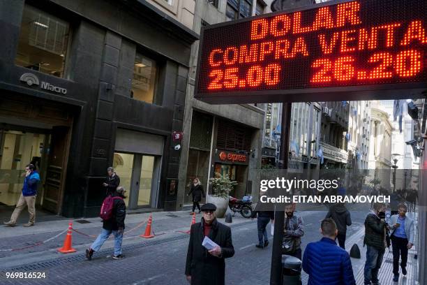 Currency exchange values are seen in the buy-sell board of a bureau de change in the financial district of Buenos Aires on June 08, 2018. -...