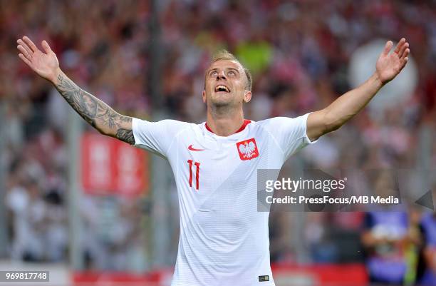 Kamil Grosicki of Poland celebrates a goal scored by Piotr Zielinski of Poland during International Friendly match between Poland and Chile on June...