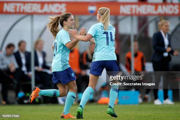 Danielle van de Donk of Holland Women celebrates 0-2 with Jackie Groenen of Holland Women during the World Cup Qualifier Women match between Northern...