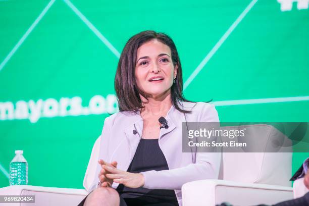 Facebook COO Sheryl Sandberg speaks at the U.S. Conference of Mayors about how communities can use technology to grow and thrive on June 8, 2018 in...
