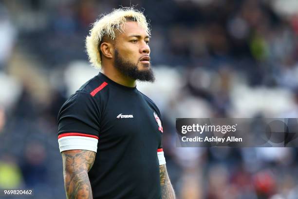 Lama Tasi of Salford Red Devils during the Betfred Super League match between Hull FC and Salford Red Devils at KCOM Stadium on June 8, 2018 in Hull,...