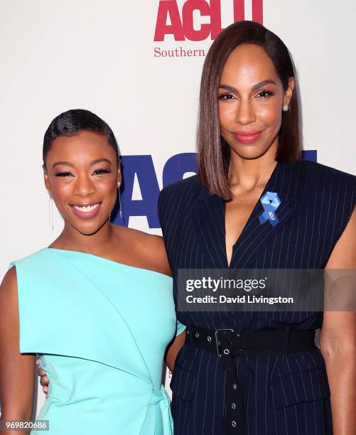 Actresses Samira Wiley and Amanda Brugel attend the ACLU SoCal Annual Luncheon at JW Marriott Los Angeles at L.A. LIVE on June 8, 2018 in Los...