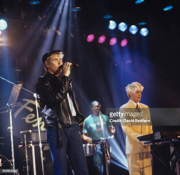 Simon Le Bon and Nick Rhodes of Duran Duran perform on stage at the Montreux Rock Festival held in Montreux, Switzerland in May 1987.