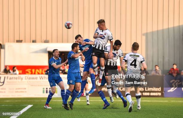 Dundalk , Ireland - 8 June 2018; Daniel Cleary of Dundalk heads the ball towards goal during the SSE Airtricity League Premier Division match between...