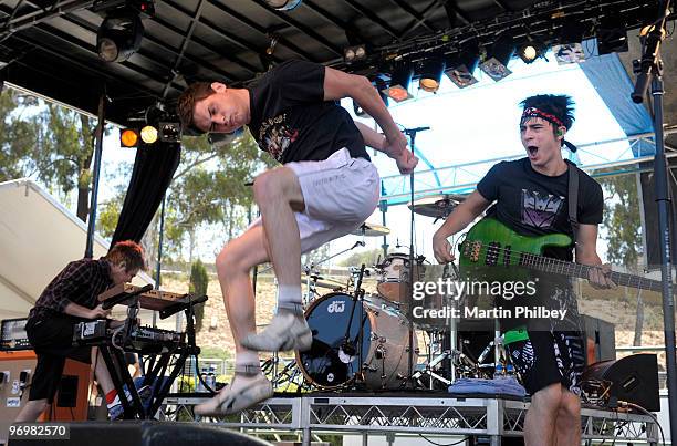 Liam Clewlow, Roughton Reynolds and Chris Batten of Enter Shikari perform on stage at Big Day Out at Flemington Racecourse on 28th January 2008 in...