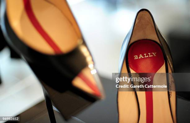 Shoe designs on display at the Bally and Central Saint Martins shoe design collaboration, at Browns Hotel as part of London Fashion Week on February...