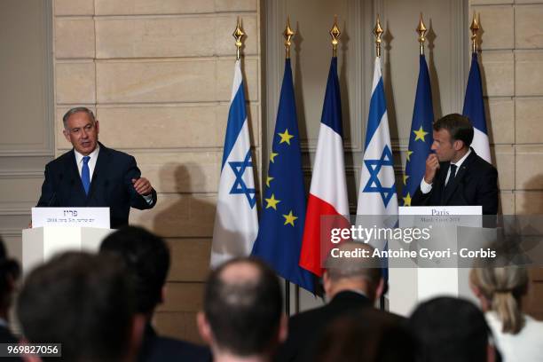 French President Emmanuel Macron and Israeli Prime Minister Benjamin Netanyahu during a Press conference at the Elysee Presidential Palace on June 5,...