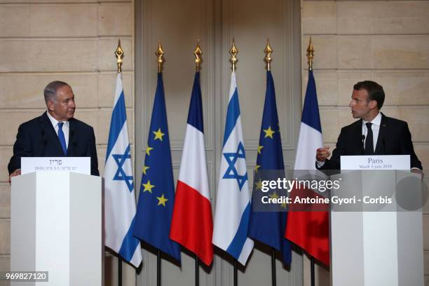 French President Emmanuel Macron and Israeli Prime Minister Benjamin Netanyahu during a press conference at the Elysee Presidential Palace on June 5,...