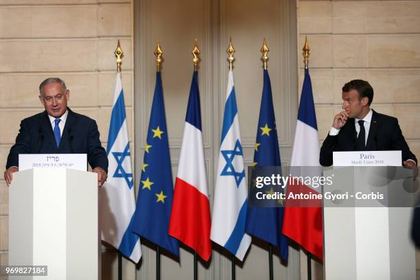 French President Emmanuel Macron and Israeli Prime Minister Benjamin Netanyahu during a press conference at the Elysee Presidential Palace on June 5,...