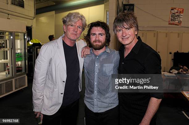 Tim Finn, Liam Finn and Neil Finn pose backstage at Sound Relief Bushfire Benefit Concert at MCG on 14th March 2009 in Melbourne, Australia.