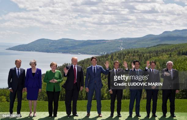 Leaders pose for the family photo during the G7 Summit on June 8, 2018 in La Malbaie, Canada. From left are: European Council President Donald Tusk;...