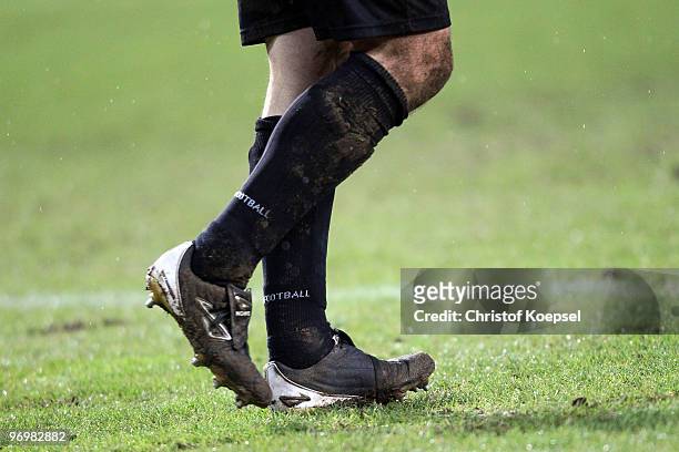 The boots and football socks of Mathias Hain of St. Pauli are seen during the Second Bundesliga match between 1.FC Kaiserslautern and FC St. Pauli at...