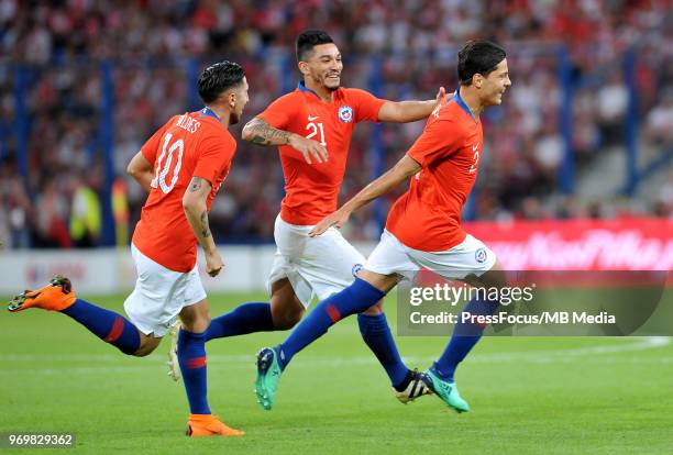 Miiko Albornoz of Chile celebrates scoring a goal during International Friendly match between Poland and Chile on June 8, 2018 in Poznan, Poland.