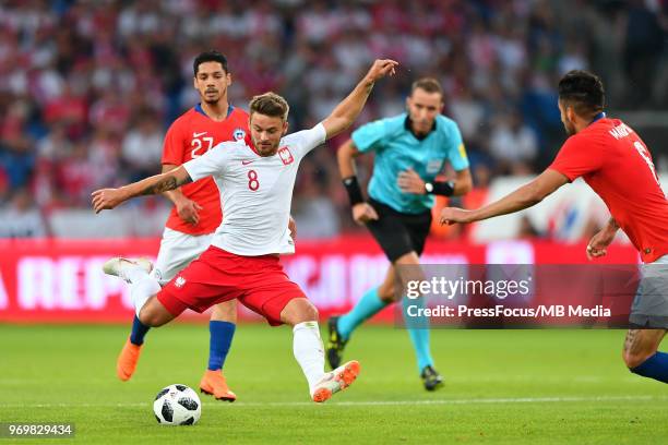 Karol Linetty of Poland takes a shot on goal during International Friendly match between Poland and Chile on June 8, 2018 in Poznan, Poland.