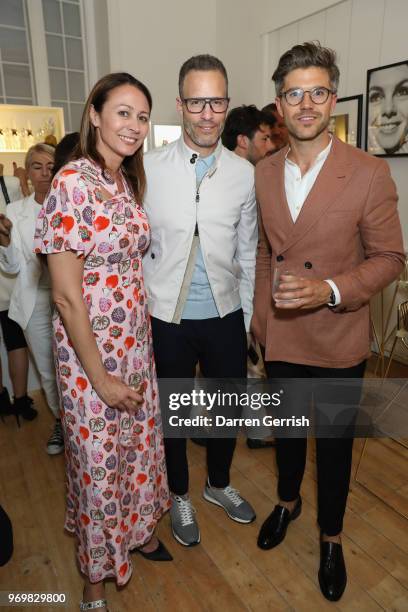 Caroline Rush, Andrew Weitz and Darren Kennedy attend the opening dinner for LFWM June 2018 at the Moët Summer House on June 8, 2018 in London,...