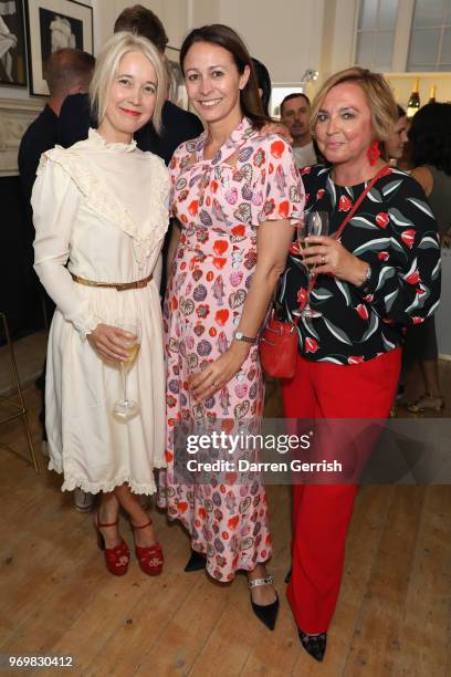 Justine Simons, Caroline Rush and Jane Boardman attend the opening dinner for LFWM June 2018 at the Moët Summer House on June 8, 2018 in London,...