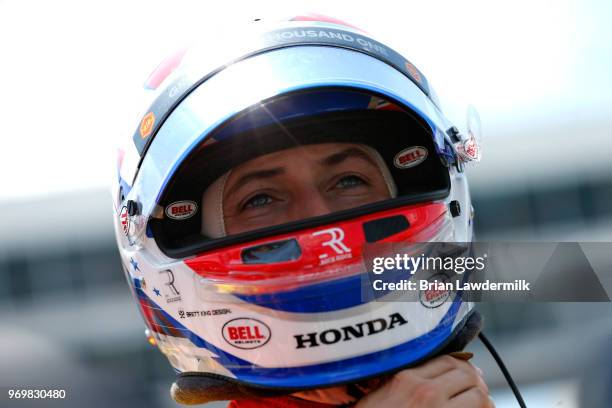 Graham Rahal, driver of the Fleet Cost & Care Honda, stands on the grid during the US Concrete Qualifying Day for the Verizon IndyCar Series DXC...