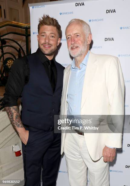 Duncan James and Jeremy Corbyn attend the 2018 Diva Awards at The Waldorf Hilton Hotel on June 8, 2018 in London, England.