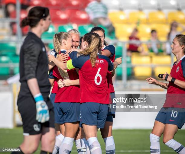 Lisa Marie Utland, Maria Thorisdottir, Maren Mjelde, Ingrid S Engen, Caroline Graham Hansen of Norway celebrate second goal during 2019 FIFA Womens...