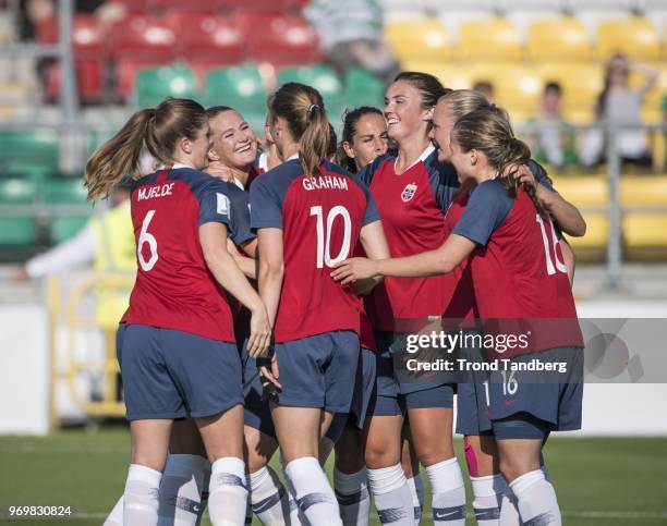 Lisa Marie Utland and Team of Norway celebrates goal during 2019 FIFA Womens World Cup Qualifier between Irland and Norway at Tallaght Stadium on...