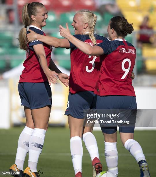 Lisa Marie Utland, Maria Thorisdottir, Isabell Herlovsen of Norway celebration the second goal during 2019 FIFA Womens World Cup Qualifier between...
