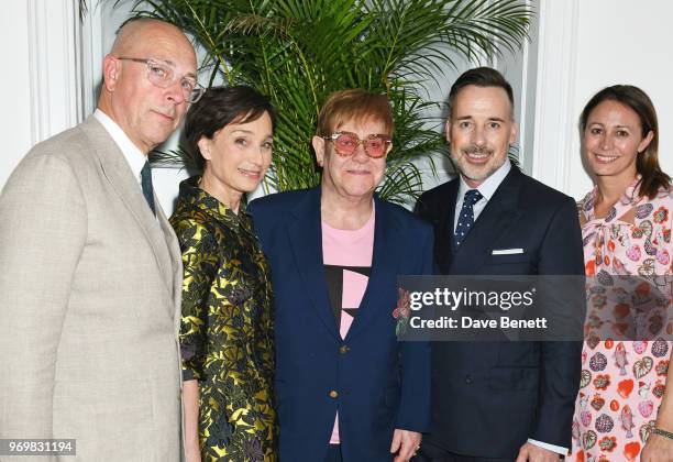 Dylan Jones, Dame Kristin Scott Thomas, Sir Elton John, David Furnish and Caroline Rush attend a VIP dinner celebrating the launch of London Fashion...