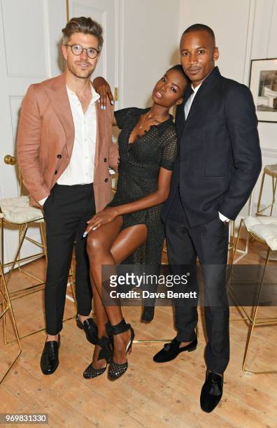 Darren Kennedy, Maria Borges and Eric Underwood attend a VIP dinner celebrating the launch of London Fashion Week Men's June 2018 hosted by David...