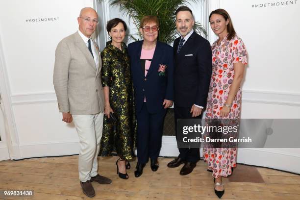 Dylan Jones, Kristin Scott Thomas, Sir Elton John, David Furnish and Caroline Rush attend the opening dinner for LFWM June 2018 at the Moët Summer...