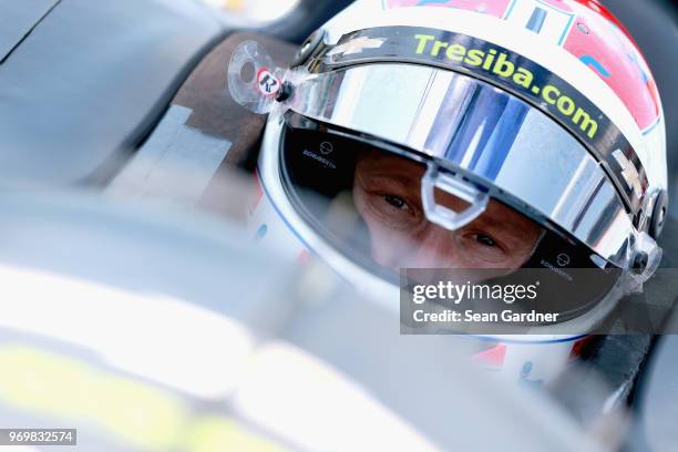 Charlie Kimball, driver of the Tresiba Chevrolet, sits in his car during the US Concrete Qualifying Day for the Verizon IndyCar Series DXC Technology...