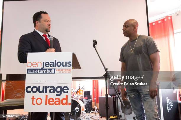 Governor Candidate for Maryland Ben Jealous and Dave Chappelle appear for campaign event at Olde Towne Restaurant on June 8, 2018 in Largo, Maryland.