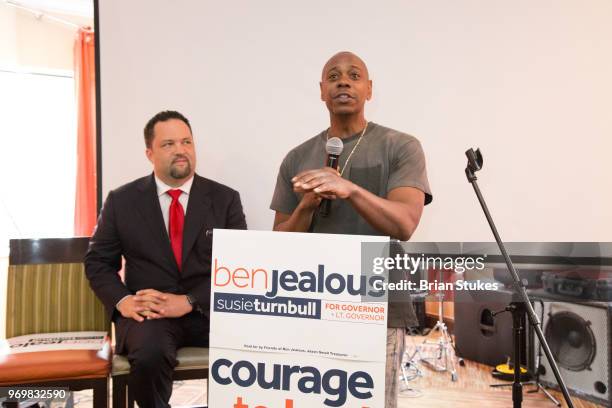 Governor Candidate for Maryland Ben Jealous and Dave Chappelle appear for campaign event at Olde Towne Restaurant on June 8, 2018 in Largo, Maryland.