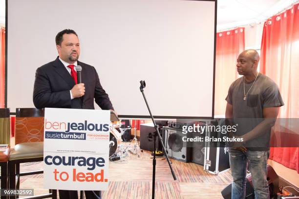 Governor Candidate for Maryland Ben Jealous and Dave Chappelle appear for campaign event at Olde Towne Restaurant on June 8, 2018 in Largo, Maryland.