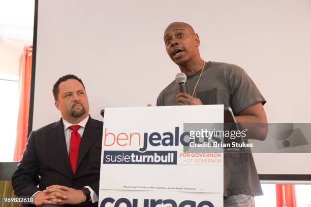 Governor Candidate for Maryland Ben Jealous and Dave Chappelle appear for campaign event at Olde Towne Restaurant on June 8, 2018 in Largo, Maryland.