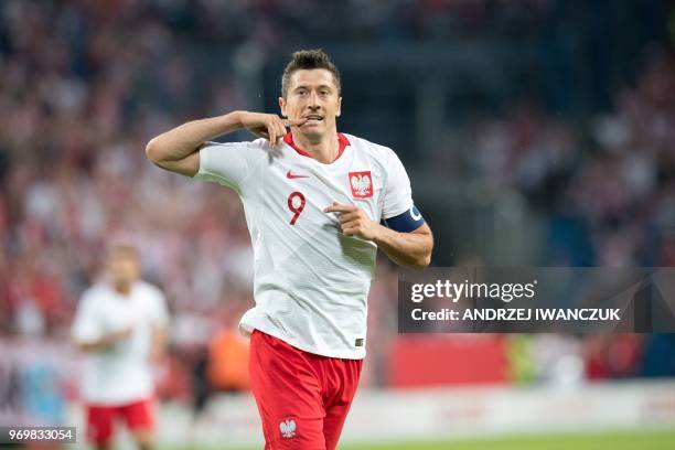 Poland's Robert Lewandowski reacts during the international friendly football match between Poland and Chile at the Arena Poznan stadium in Poznan,...