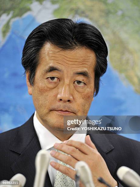 Japanese Foreign Minister Katsuya Okada holds a press conference at his office in Tokyo on February 16, 2010 saying he would visit Australia this...