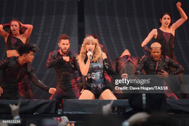 Taylor Swift performs on stage during the Taylor Swift reputation Stadium Tour at Etihad Stadium on June 8, 2018 in Manchester, England.