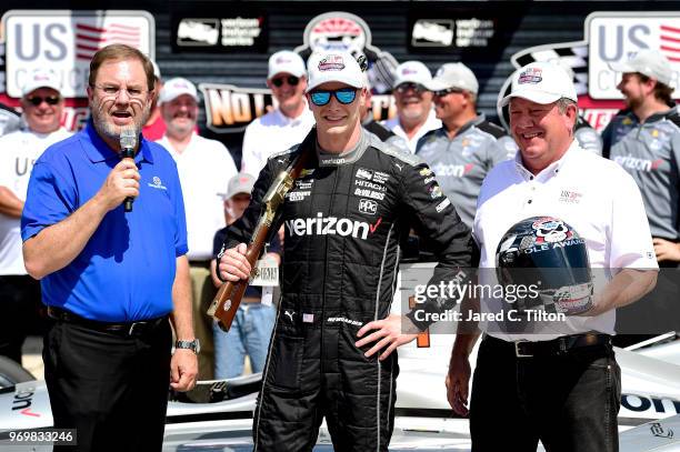 Josef Newgarden, driver of the Verizon Team Penske Chevrolet, poses for a photo after winning the pole award during the US Concrete Qualifying Day...