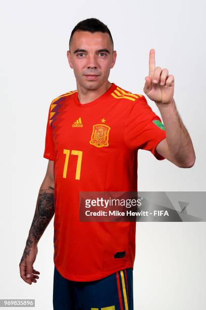 Iago Aspas of Spain poses for a portrait during the official FIFA World Cup 2018 portrait session at FC Krasnodar Academy on June 8, 2018 in...
