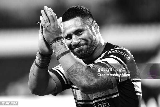Mickey Paea of Hull FC applauds the crowd during the Betfred Super League match between Hull FC and Salford Red Devils at KCOM Stadium on June 8,...