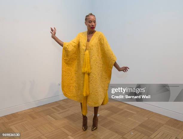 Canadian model Stacey McKenzie wears a cape, made by the silk of 1.2 million female Golden Orb Weaver spiders, inside the The Royal Ontario Museum,...