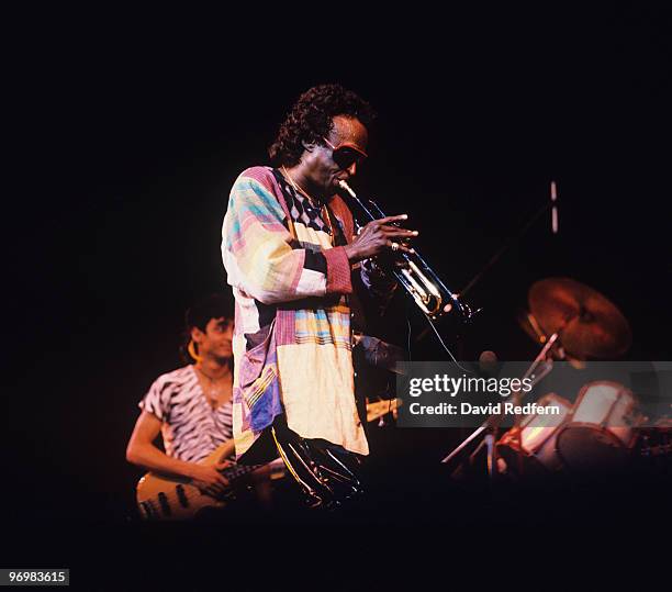 American jazz trumpeter and composer Miles Davis performs live on stage at the JVC Newport Jazz Festival at Saratoga Springs in New York in July 1988.