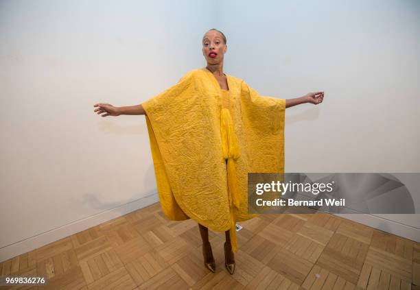 Canadian model Stacey McKenzie wears a cape, made by the silk of 1.2 million female Golden Orb Weaver spiders, inside the The Royal Ontario Museum,...