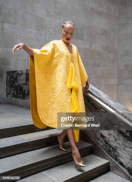 Canadian model Stacey McKenzie wears a cape, made by the silk of 1.2 million female Golden Orb Weaver spiders, inside the The Royal Ontario Museum,...