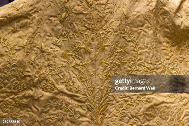 Intricate details form a patters as Canadian model Stacey McKenzie wears a cape, made by the silk of 1.2 million female Golden Orb Weaver spiders,...