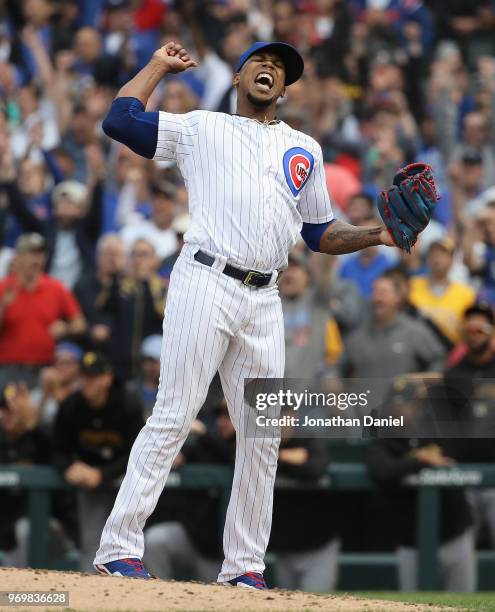 Pedro Strop of the Chicago Cubs celebrates a win against the Pittsburgh Pirates at Wrigley Field on June 8, 2018 in Chicago, Illinois. The Cubs...