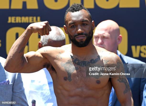 Austin Trout weighs-in for his WBC Super Welterweight Title fight against Jermell Charlo at Staples Center on June 8, 2018 in Los Angeles, California.
